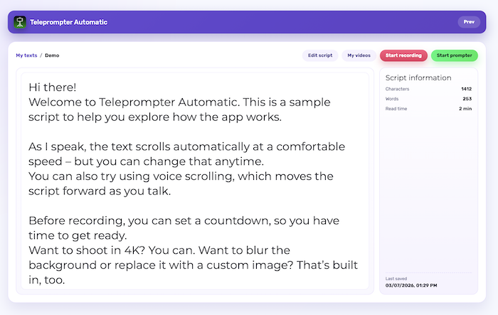 Teleprompter dashboard interface