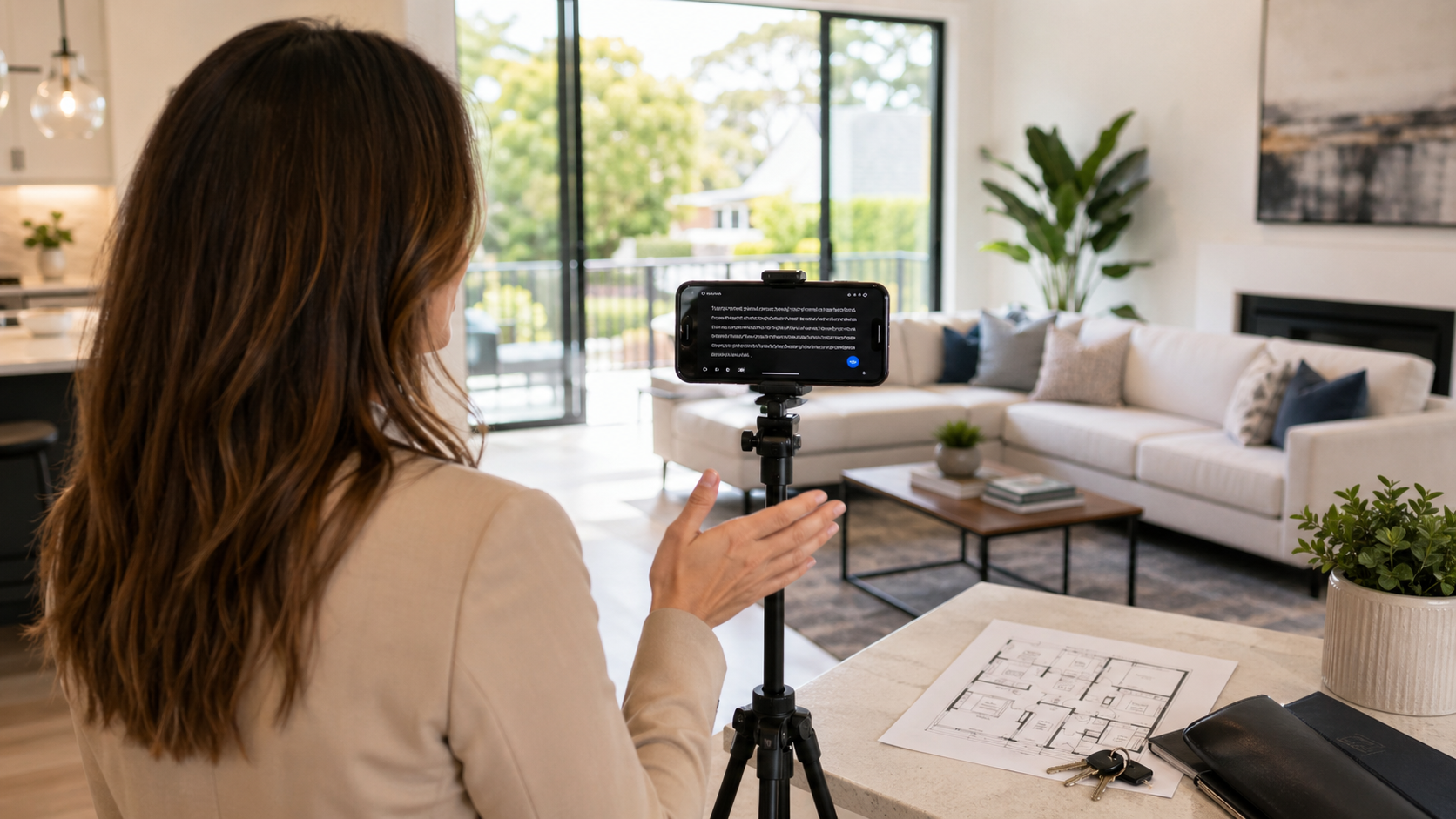 Real estate agent recording a property video with a smartphone teleprompter setup