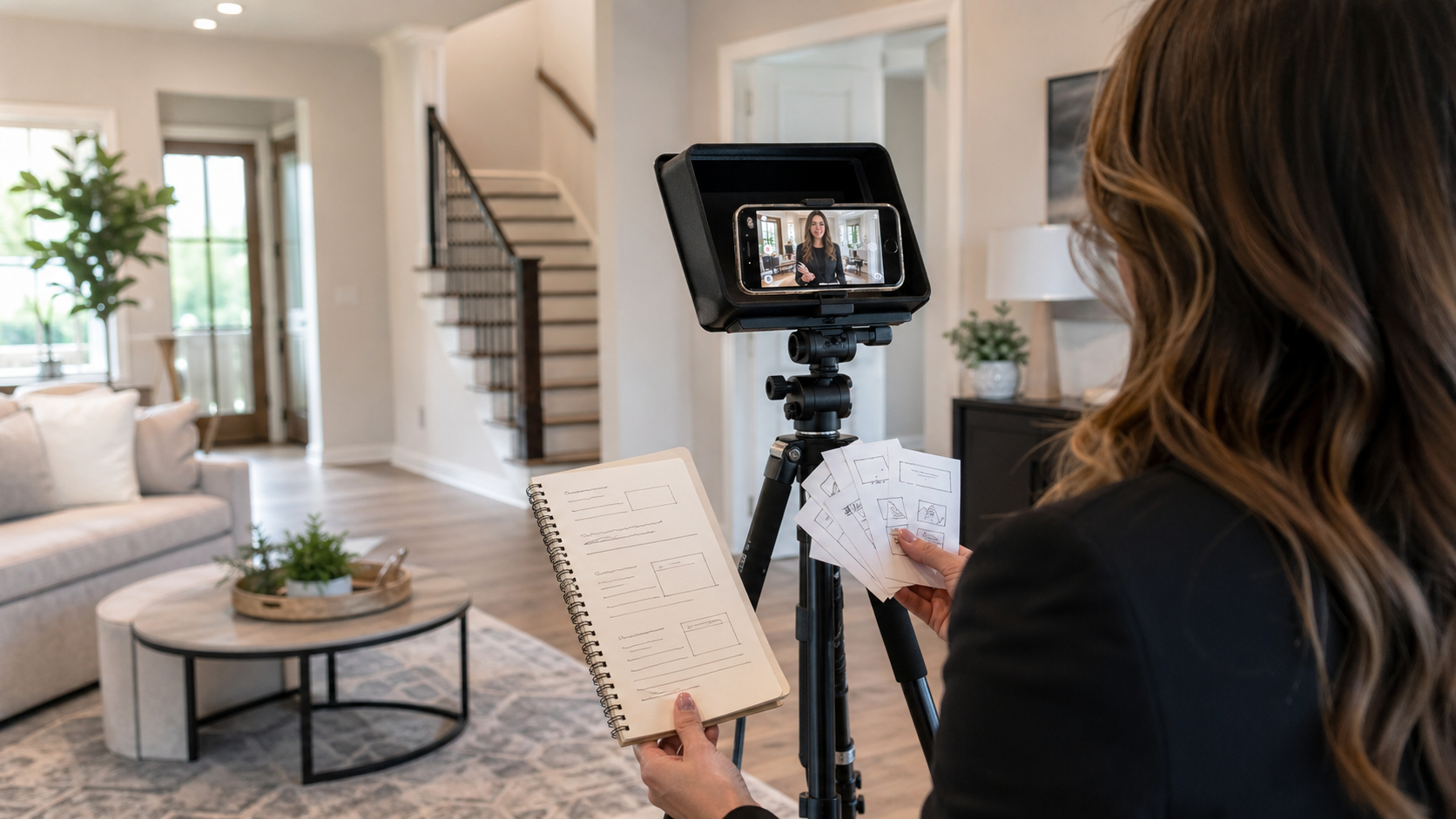Real estate agent planning a listing video script beside a smartphone teleprompter setup