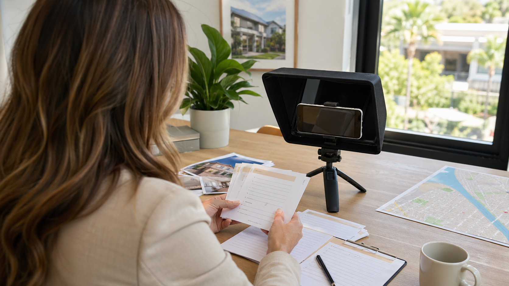 Real estate agent reviewing property tour and neighborhood update script templates beside a smartphone teleprompter