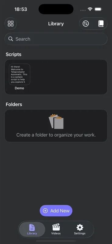 Экран библиотеки Teleprompter Automatic с демо-сценарием и кнопкой Создать