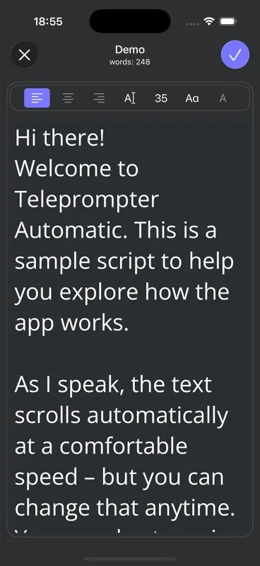 Редактор Teleprompter Automatic с текстом сценария и панелью форматирования