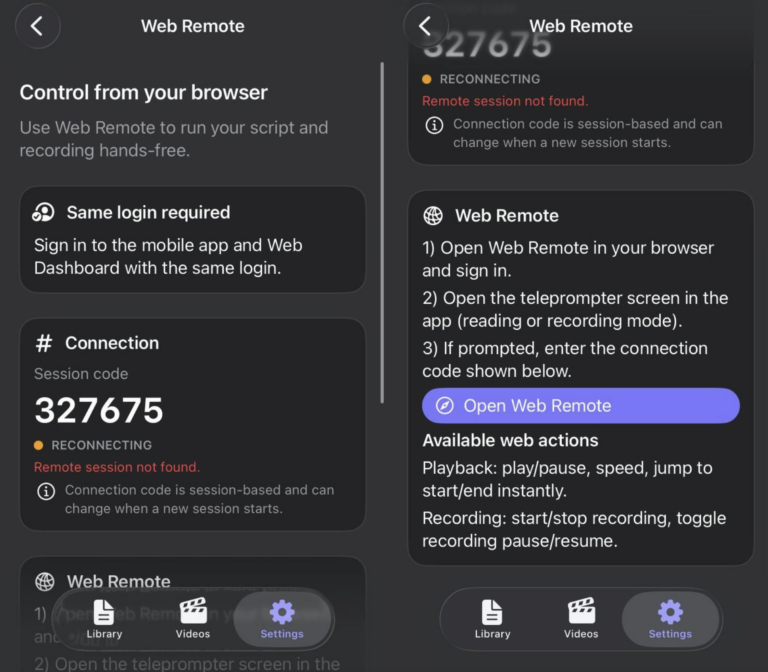 Экран Веб-пульта Teleprompter Automatic на телефоне с кодом подключения