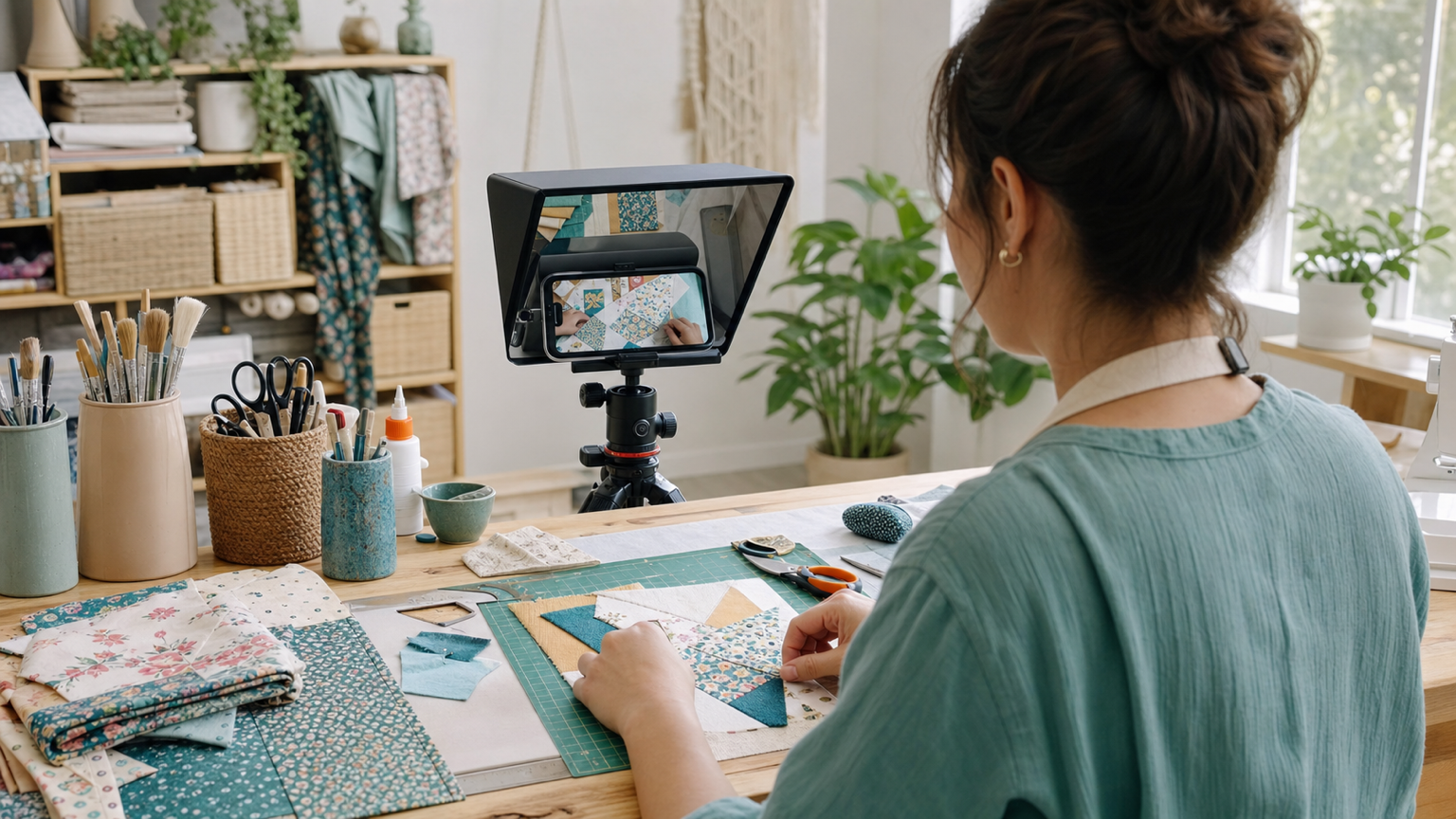Creatore di craft che registra un tutorial fai-da-te con una configurazione teleprompter per telefono