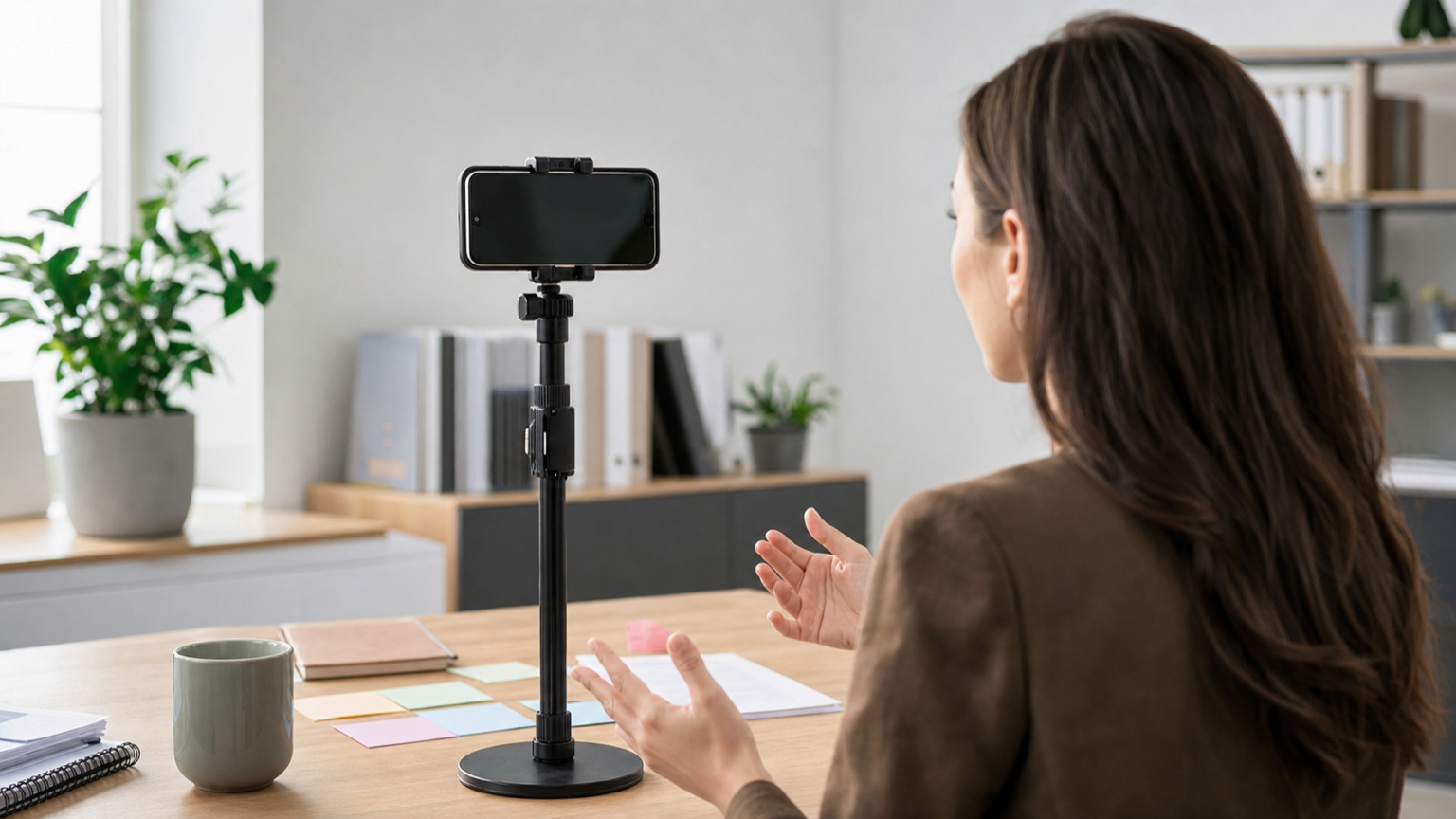 Communications manager recording a policy update video with a phone teleprompter setup