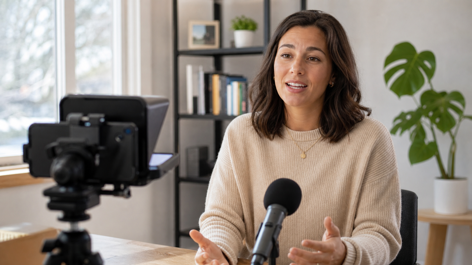 Persona che registra una video testimonianza con un setup teleprompter su telefono