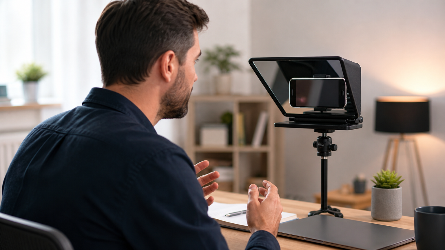Professional creator recording a LinkedIn-style business video with a phone teleprompter setup