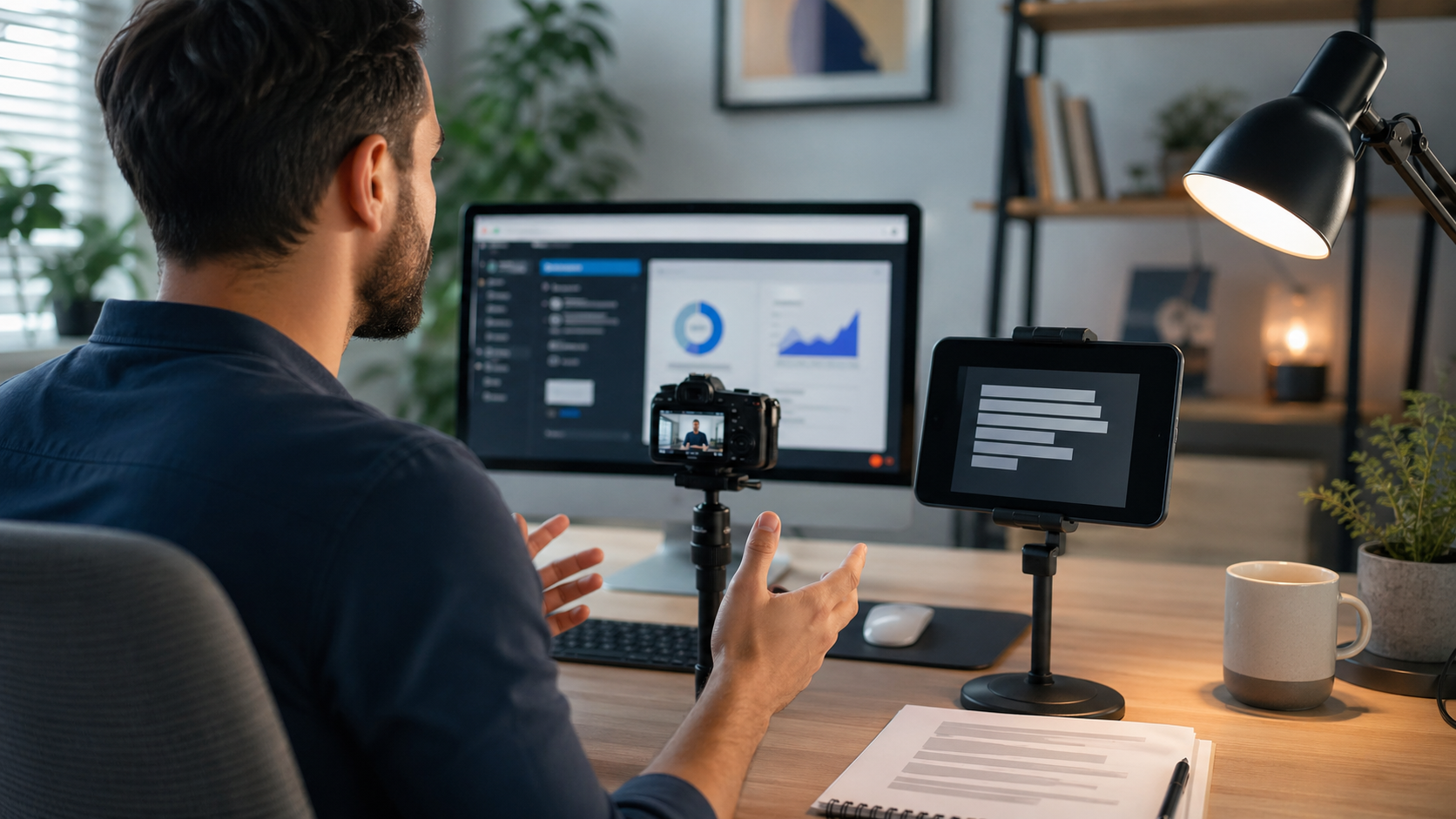 Presenter recording a software tutorial with a screen recorder, camera, and tablet teleprompter
