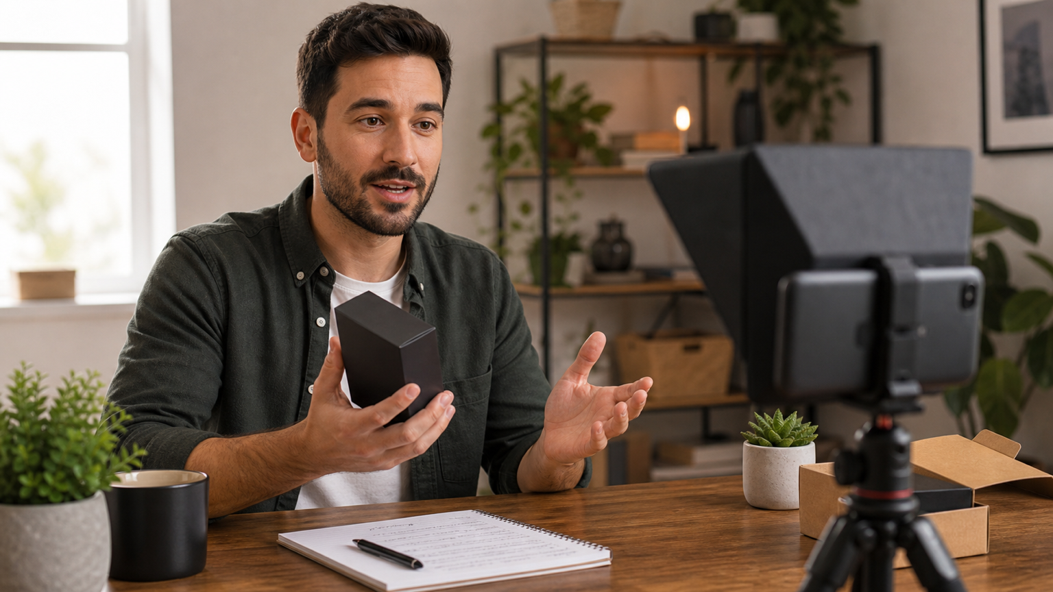 Affiliate marketer che registra una recensione di prodotto con un setup teleprompter su smartphone