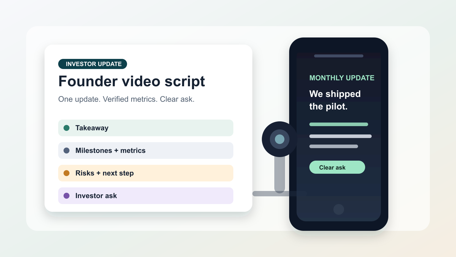 Lavagna con script di aggiornamento startup per investitori accanto a teleprompter su telefono e camera