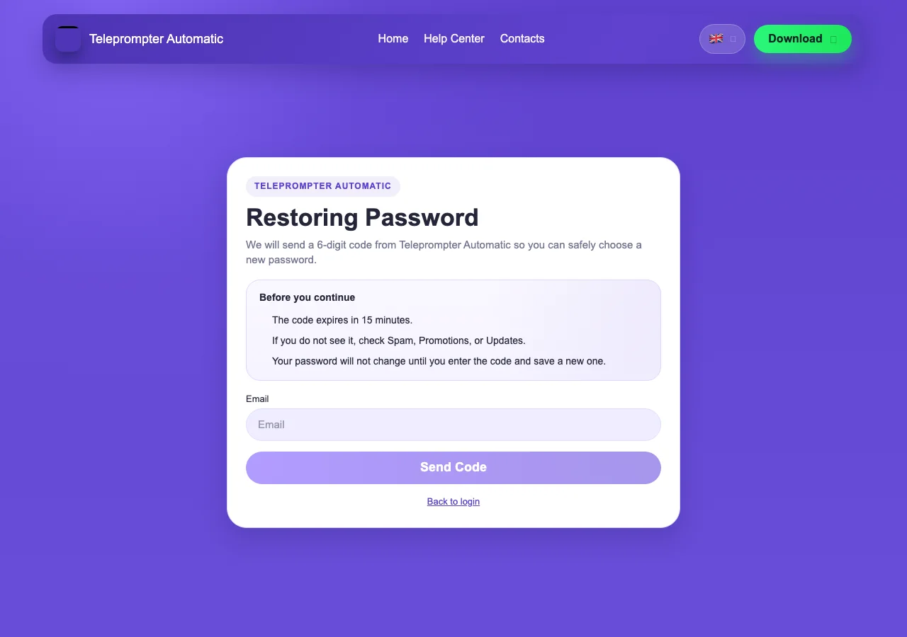 Teleprompter Automatic restore password screen asking for an email address
