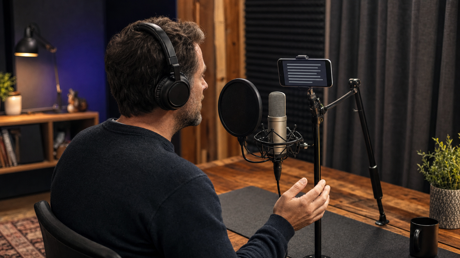 Narrator recording an audiobook from a phone teleprompter in a treated home studio
