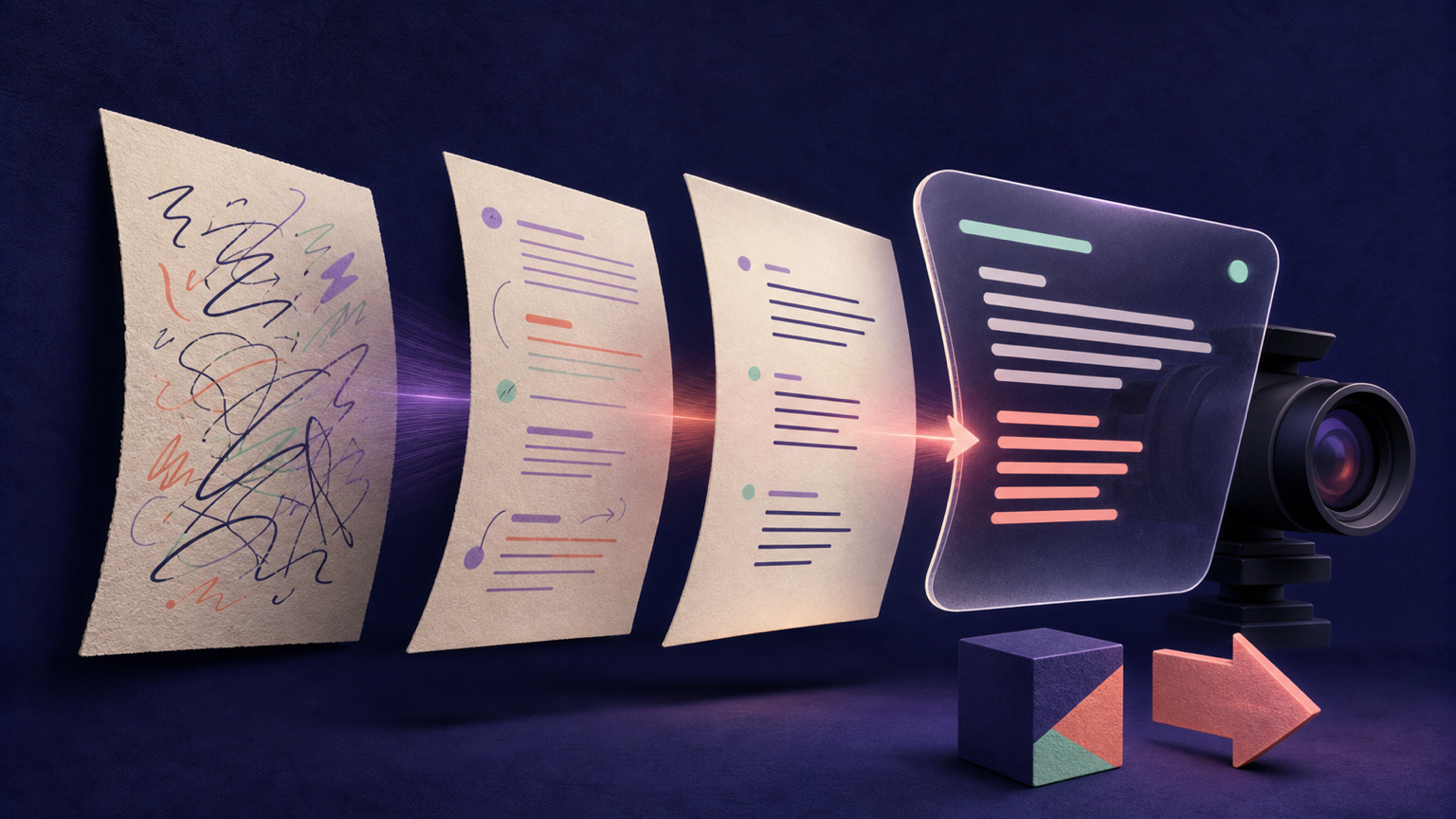 Editorial illustration of rough notes becoming a structured script in front of a teleprompter camera