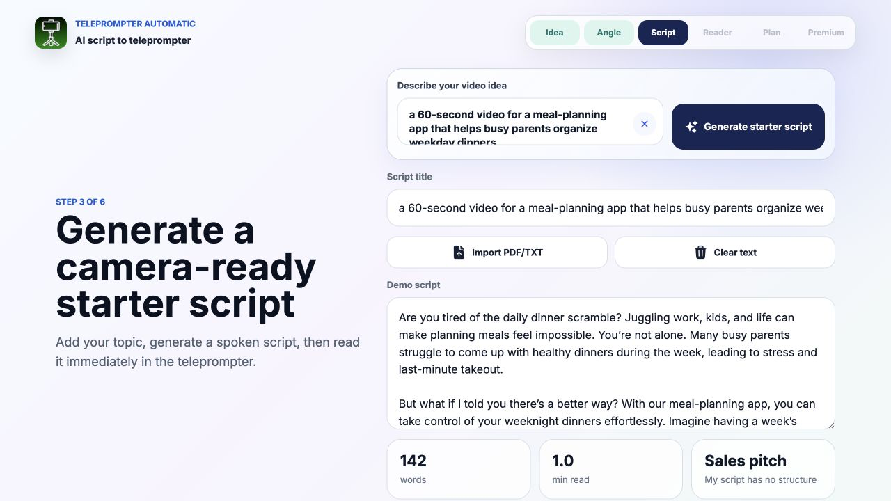 Teleprompter Automatic web generator showing a sales pitch prompt and generated starter script
