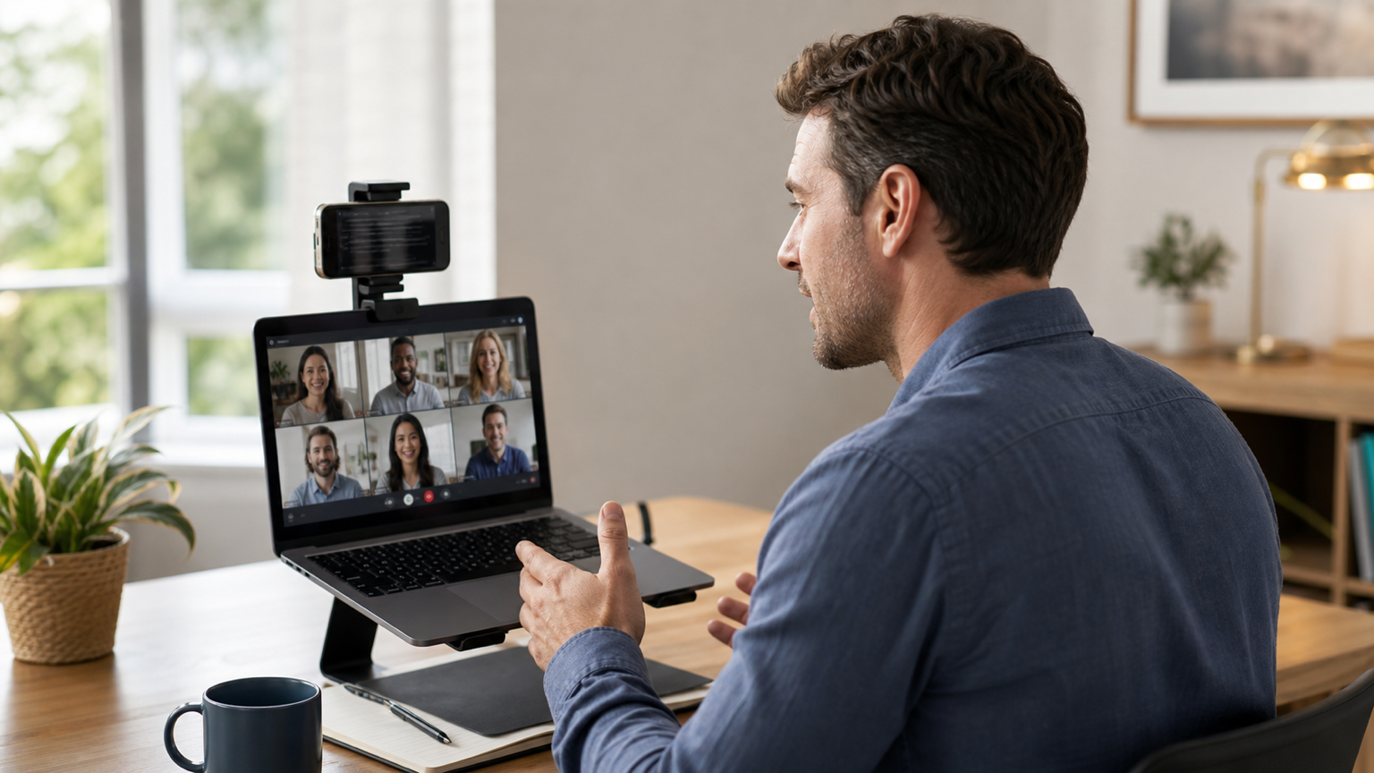 Professional reading meeting notes from a phone teleprompter mounted above a laptop