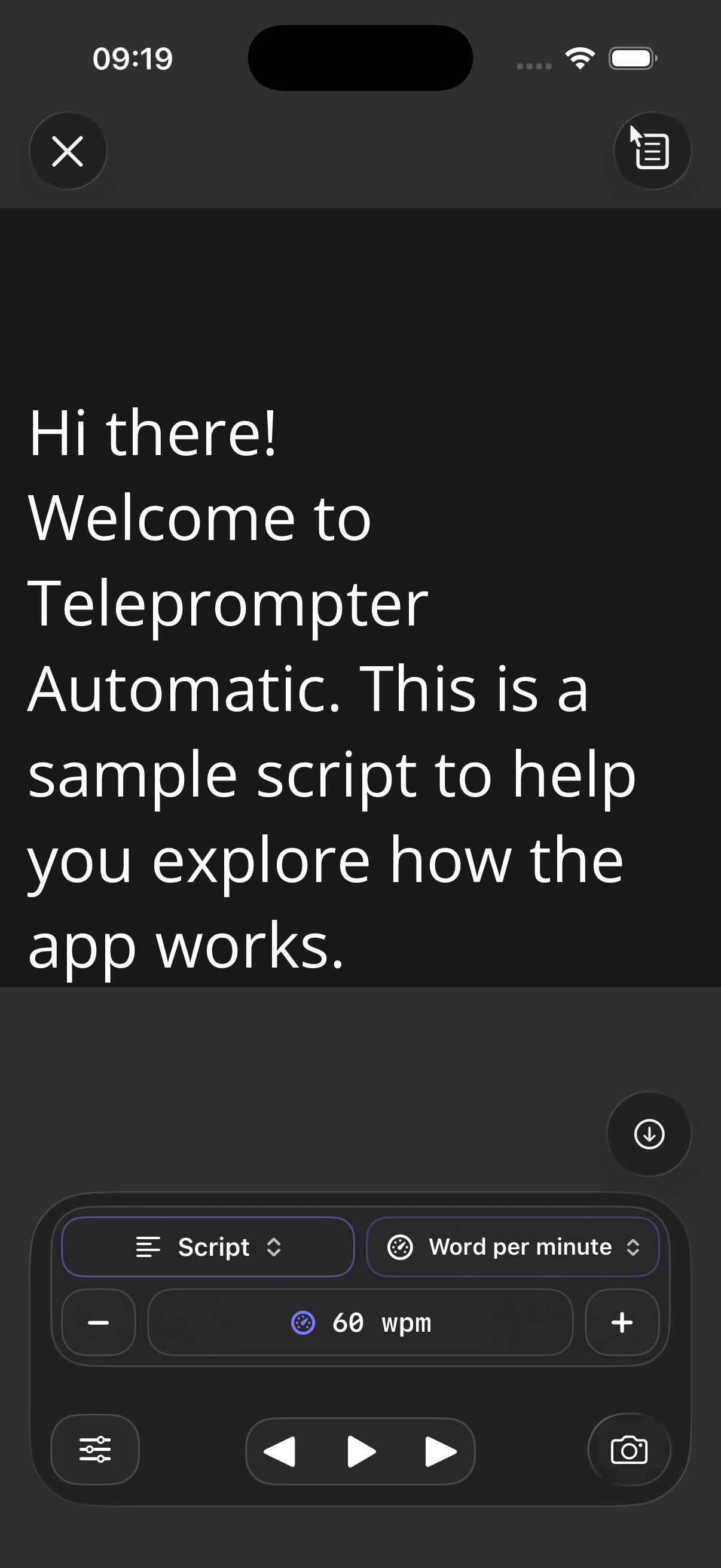 Teleprompter Automatic iOS reader showing Script mode, words-per-minute pacing, playback, and camera controls