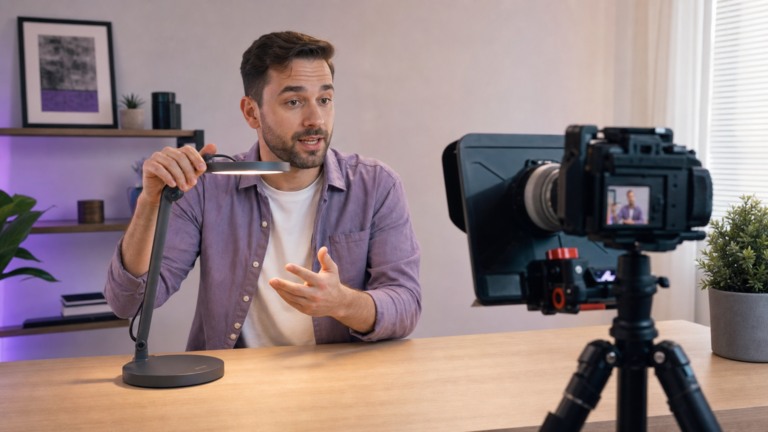 Presenter demonstrating an adjustable desk lamp with a camera and teleprompter