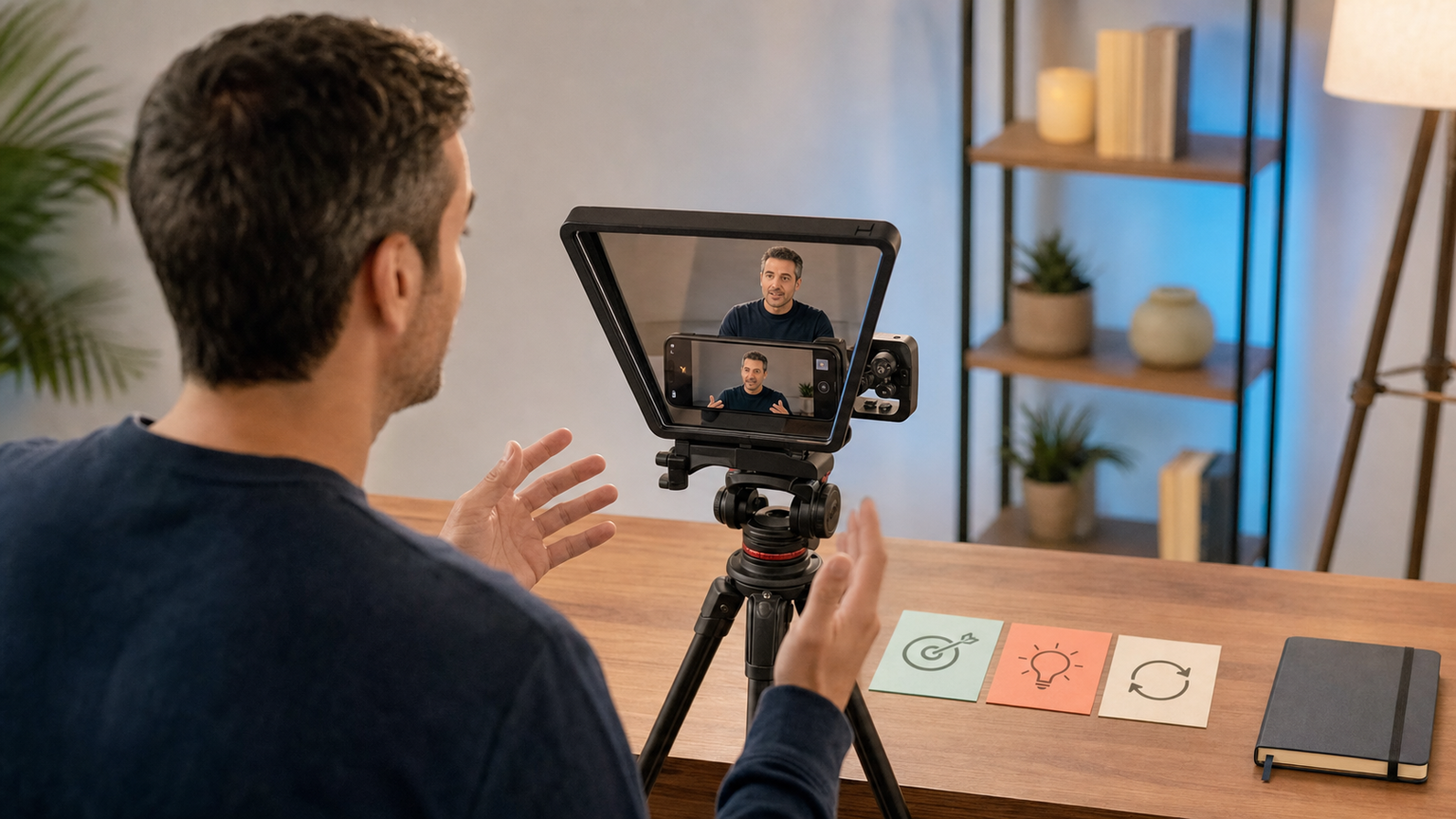 Instructor recording a structured lesson with a phone-mounted teleprompter and visual planning cards
