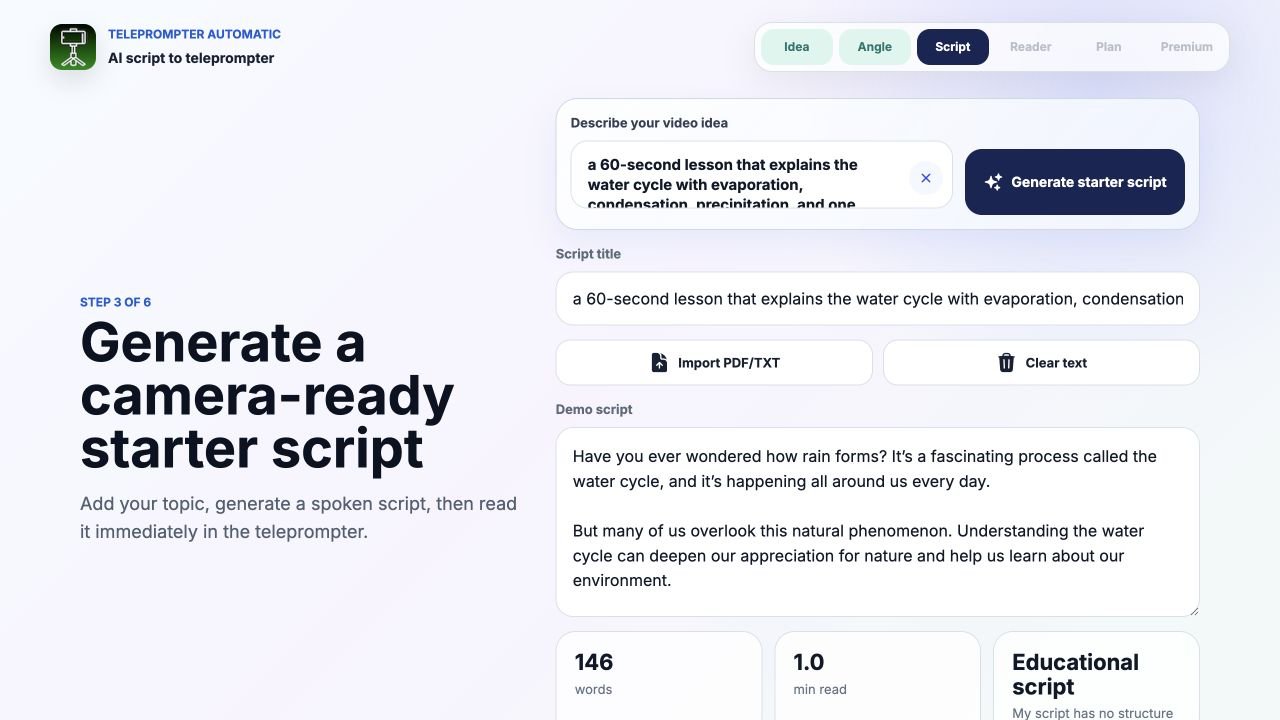 Teleprompter Automatic web generator showing an educational lesson prompt and generated starter script
