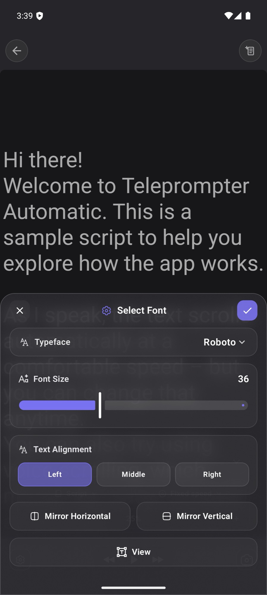 Current Android reader typography controls in Teleprompter Automatic