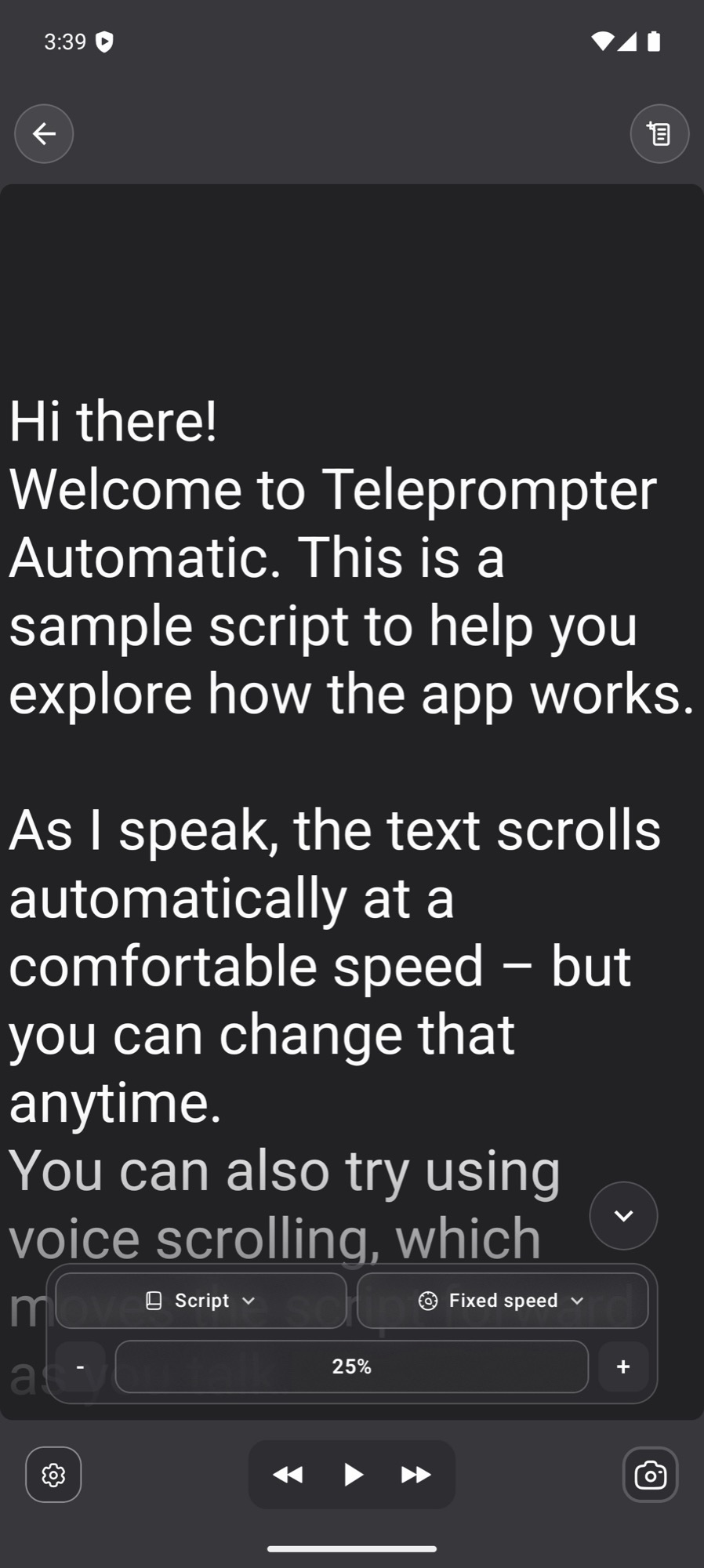 Lector de Teleprompter Automatic en Android con controles de velocidad fija