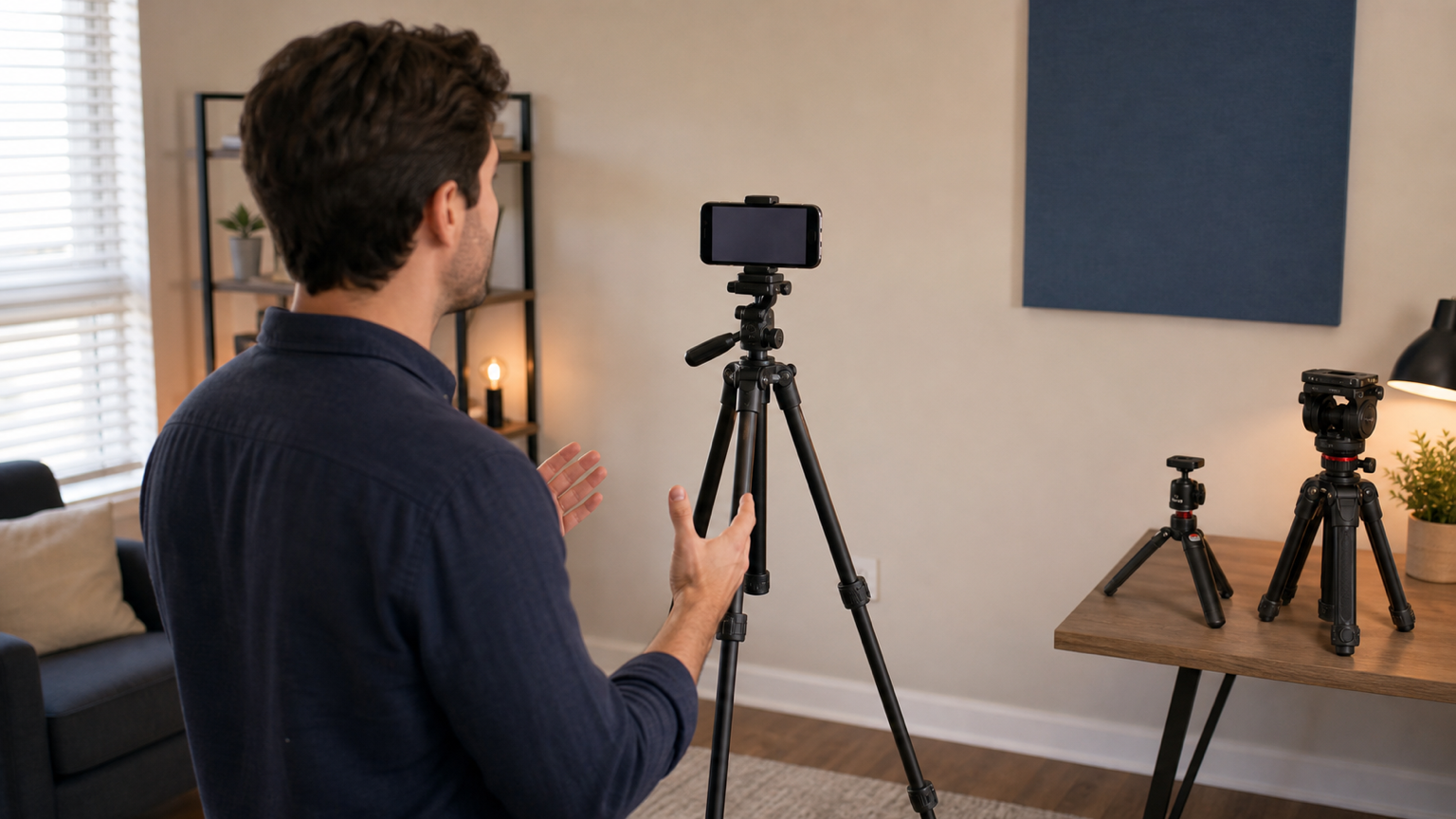 Video creator comparing full-size and compact tripod setups with a teleprompter phone at eye level