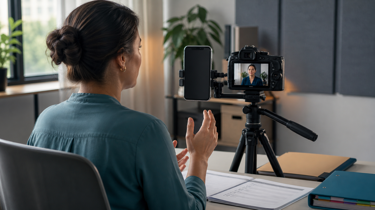 Trainer recording a reviewed employee training script with a phone teleprompter, camera, checklist, and tabbed binder