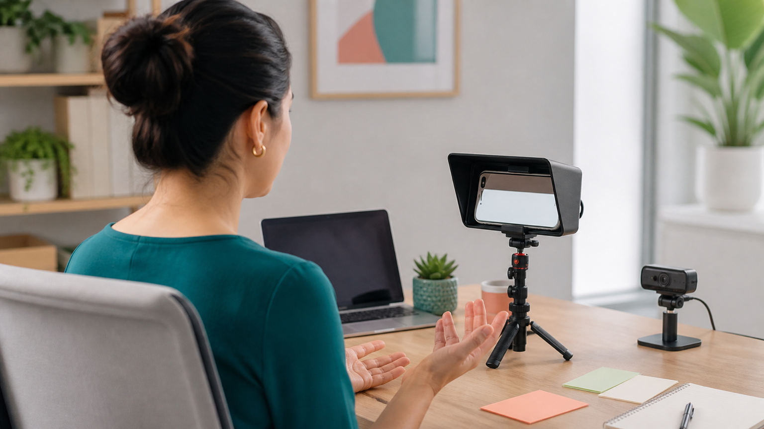 Customer support creator recording a short FAQ answer with a phone teleprompter on a desk setup