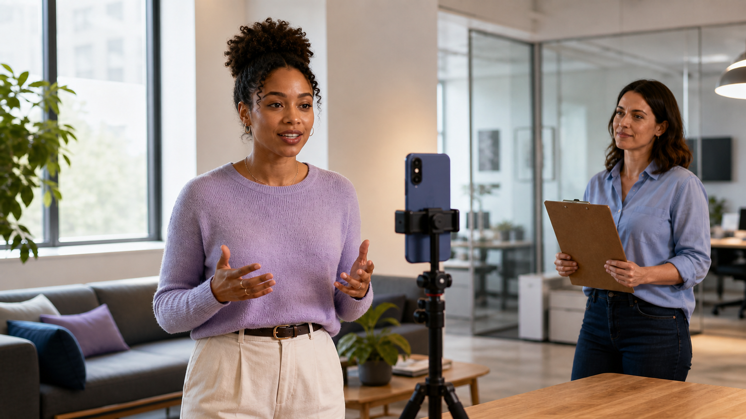 Employee ambassador recording a recruitment marketing video with a mounted phone teleprompter and an HR producer