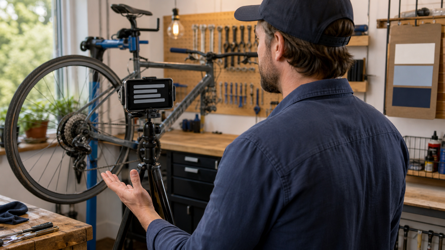 Bicycle repair shop owner recording a service explainer with a phone teleprompter beside a bike on a repair stand