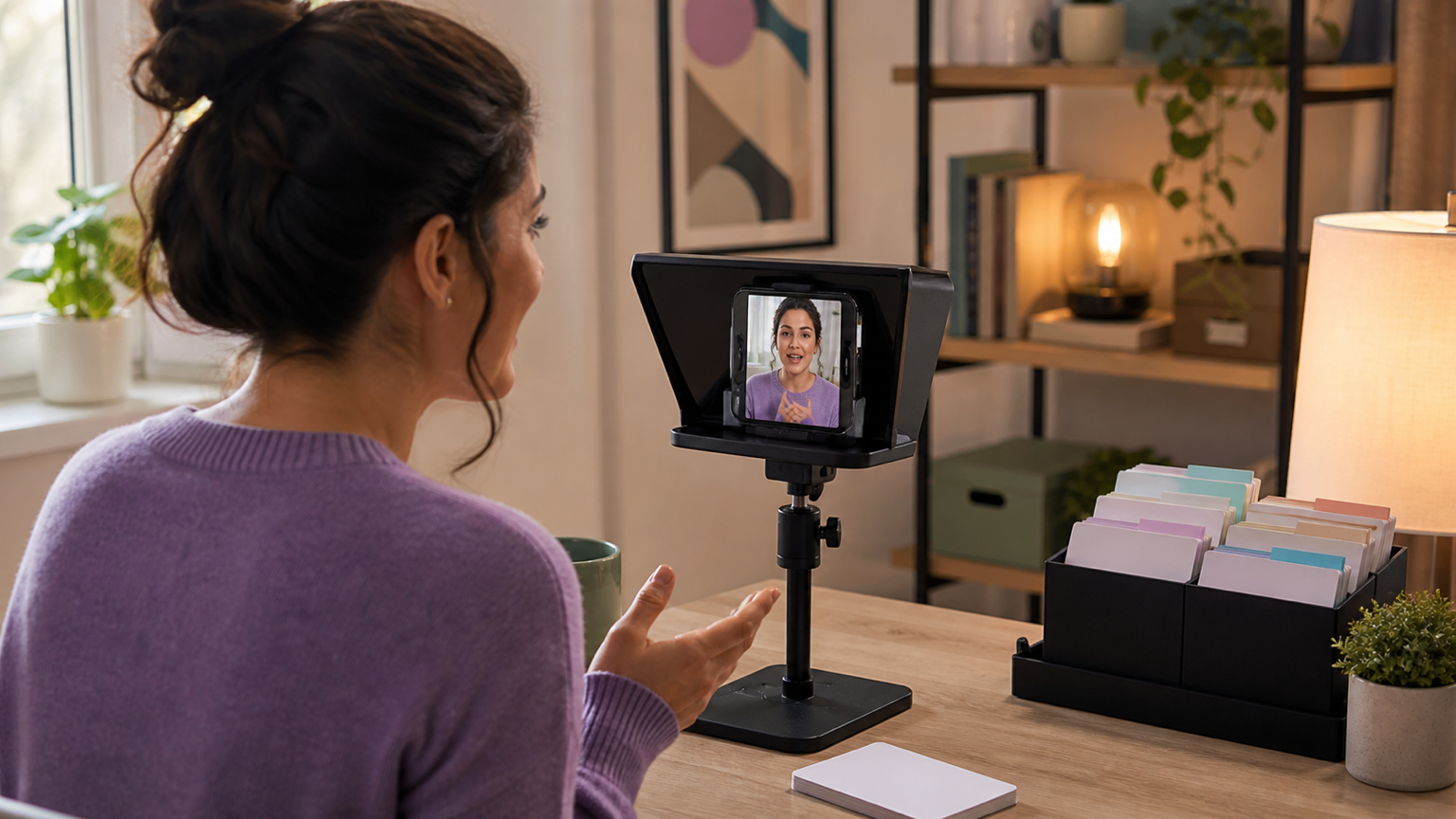 Creator recording personalized video messages with a phone teleprompter and an organized queue of blank recipient cards