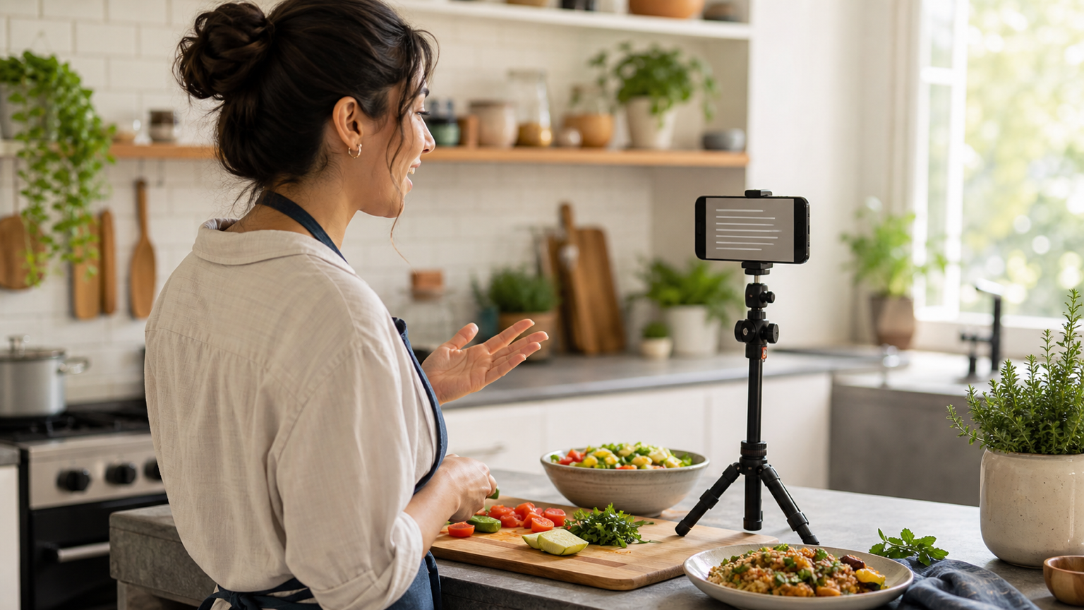 Home cook recording a recipe video with a mounted phone teleprompter while preparing fresh ingredients