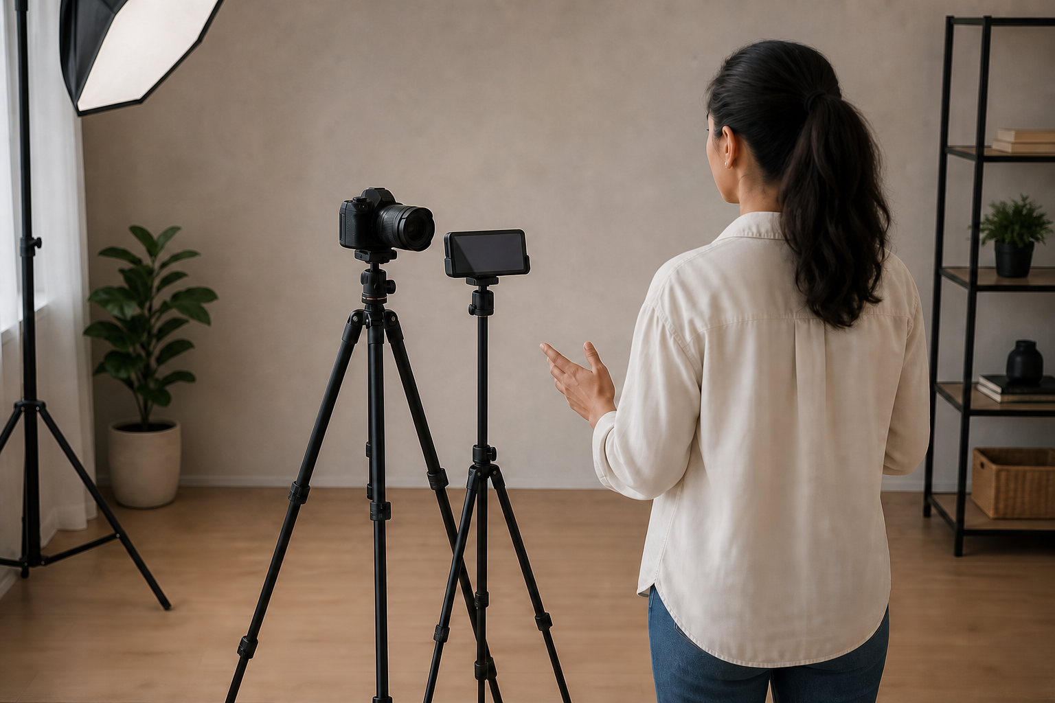 Presenter facing a camera and a teleprompter phone mounted on two separate stable tripods