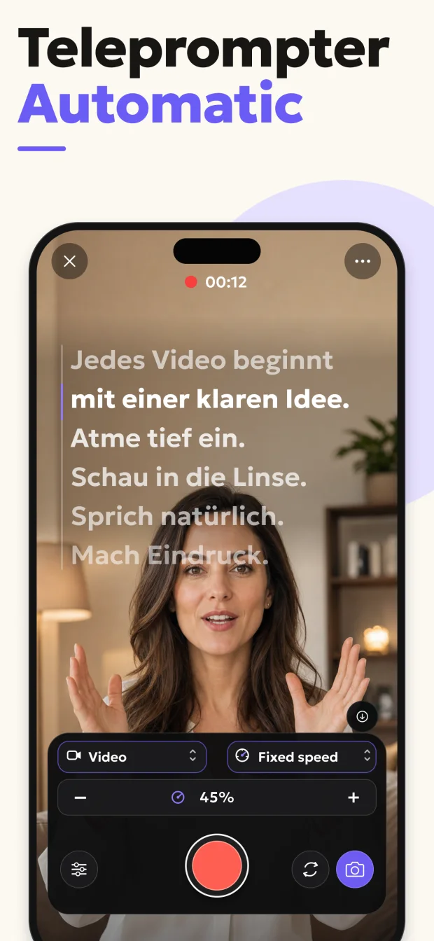 Teleprompter-Automatic-Aufnahmeansicht auf dem iPhone aus der aktuellen App-Store-Galerie