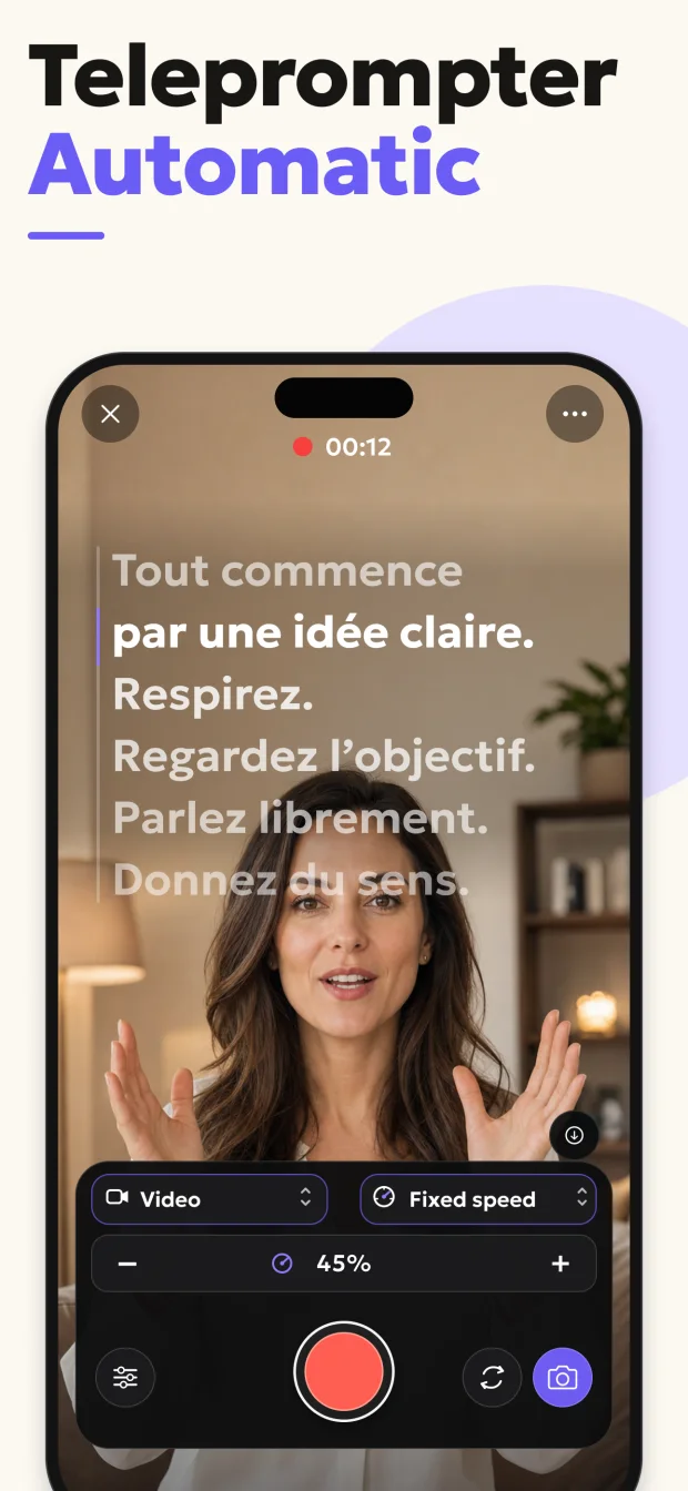 Écran d’enregistrement Teleprompter Automatic sur iPhone issu de la galerie App Store actuelle