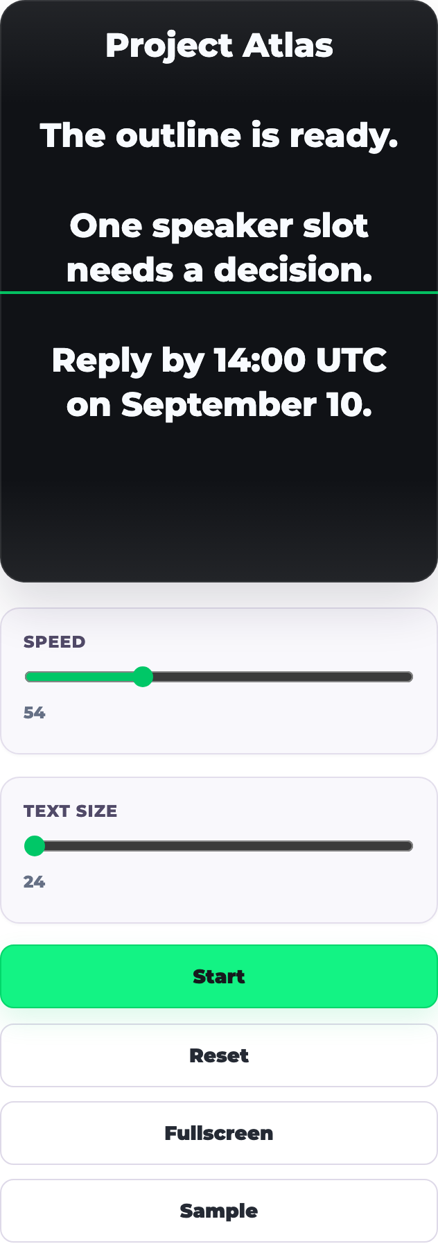 English browser teleprompter showing a Project Atlas update with speed, text size, Start, Reset, and Fullscreen controls