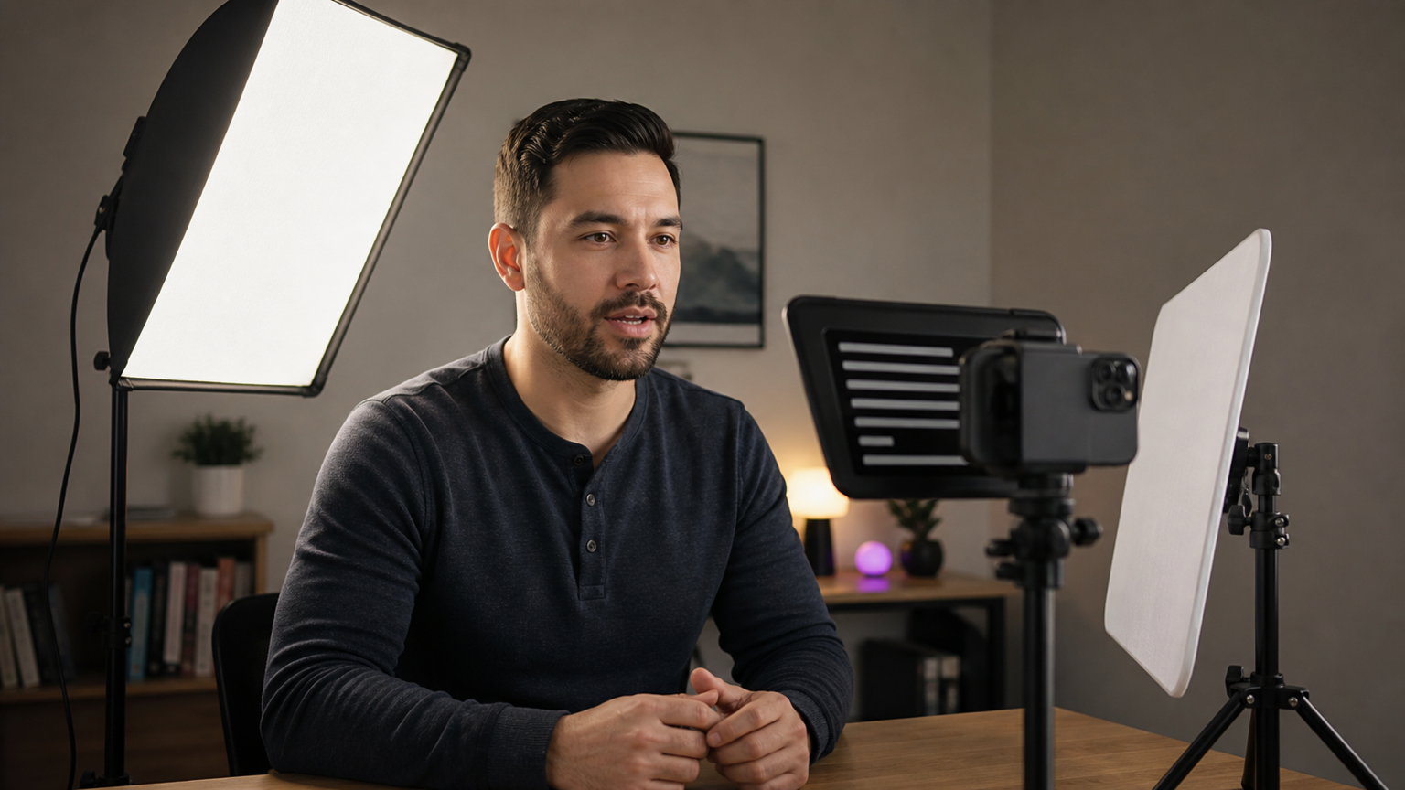 Creator recording with a phone teleprompter between a soft key light and reflector in a compact home studio