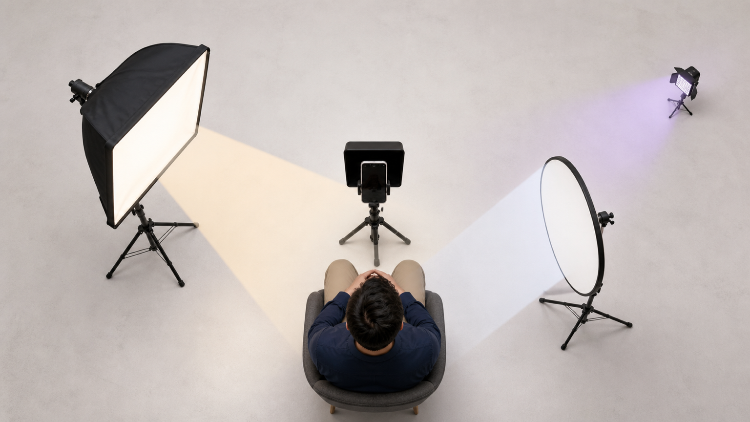 Top-down mobile teleprompter lighting layout with a soft key light, phone, presenter, reflector, and small background light