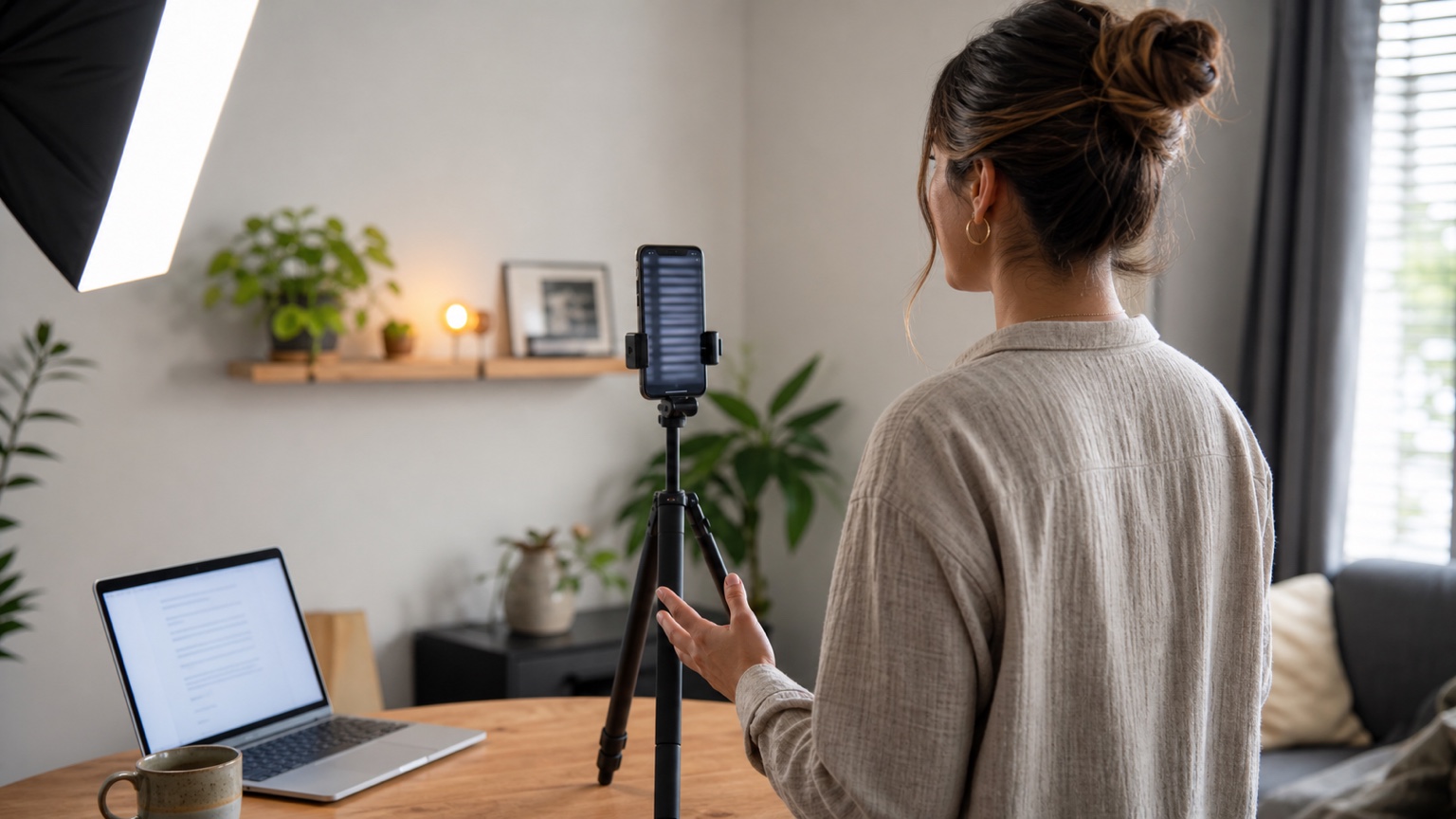 Creator reading from a vertically mounted Android phone while preparing a script on a laptop in a home video studio
