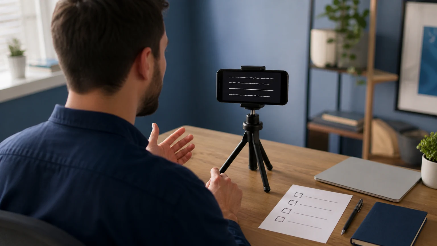Remote professional rehearsing a team video update with a phone facing him on a desk tripod and a four-point checklist