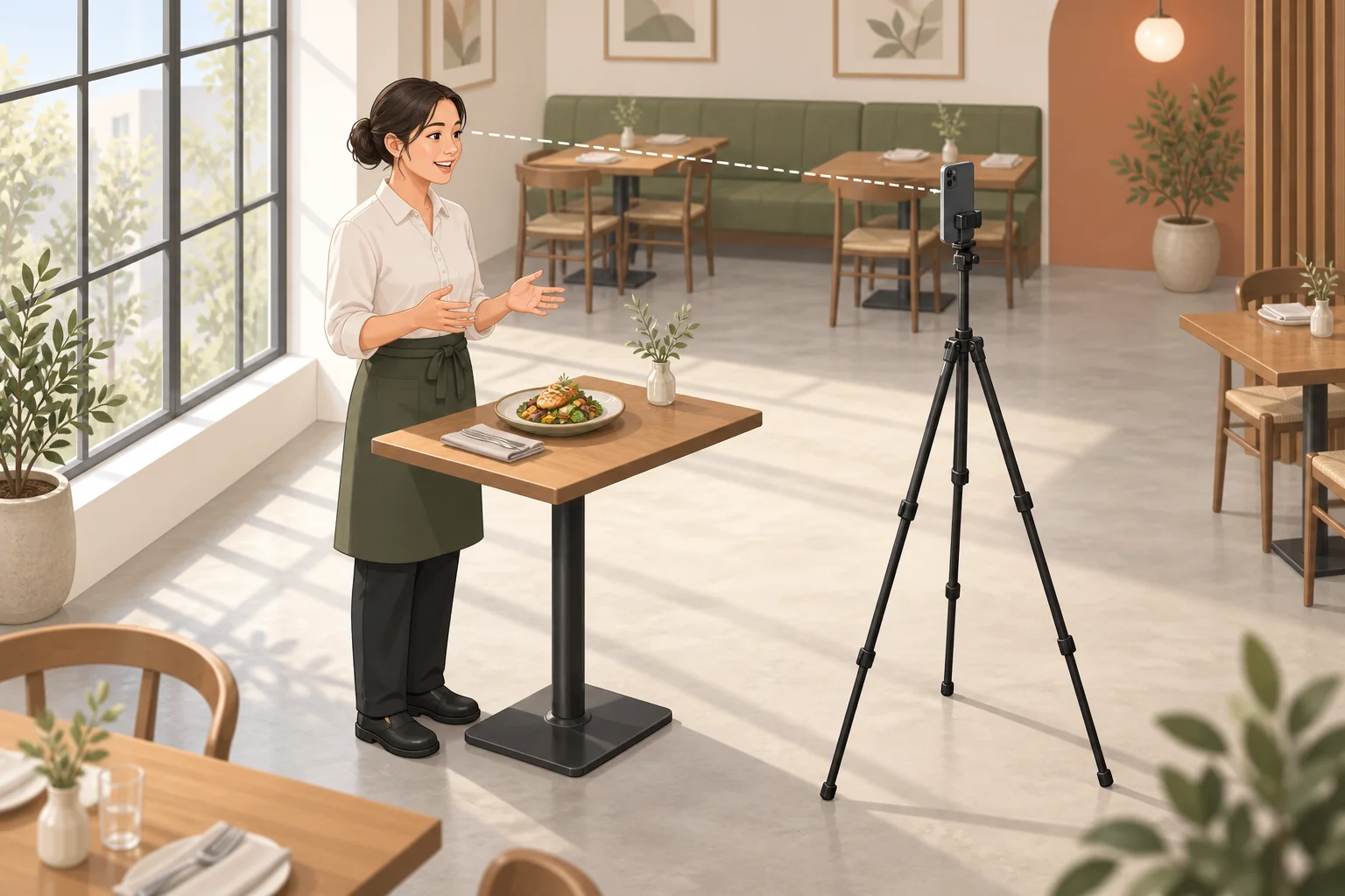 Illustrated restaurant filming setup with a phone facing the host at eye level, a plated dish on the table, and window light from the side