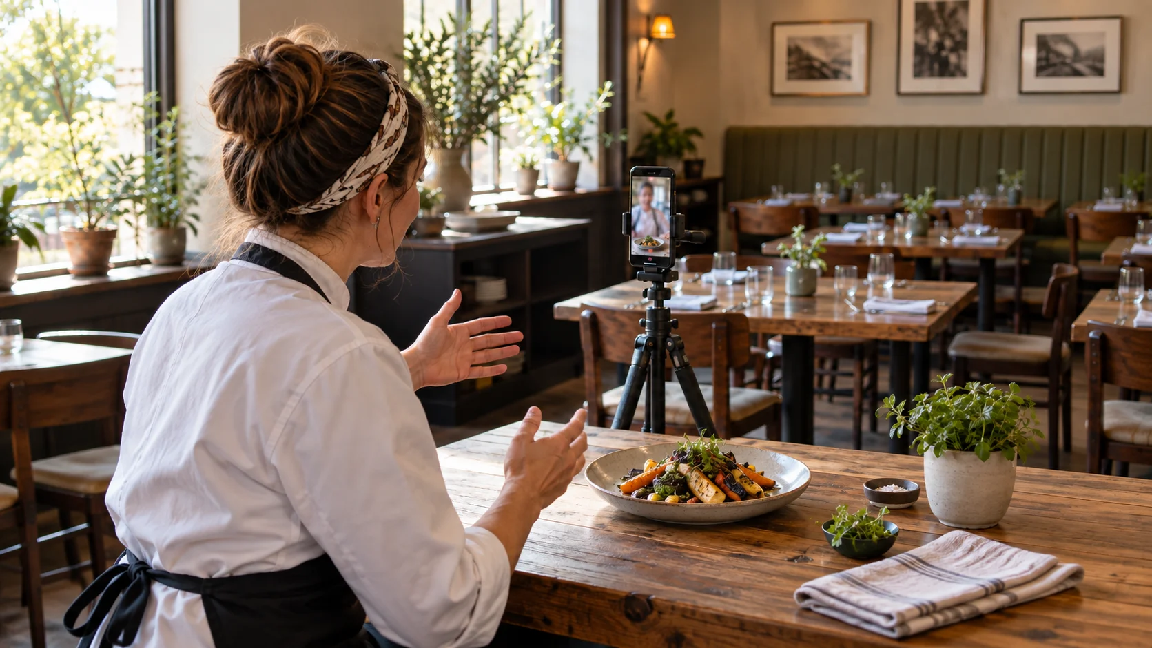 Restaurant host presenting a plated dish to a phone facing her on a tripod in a quiet dining room