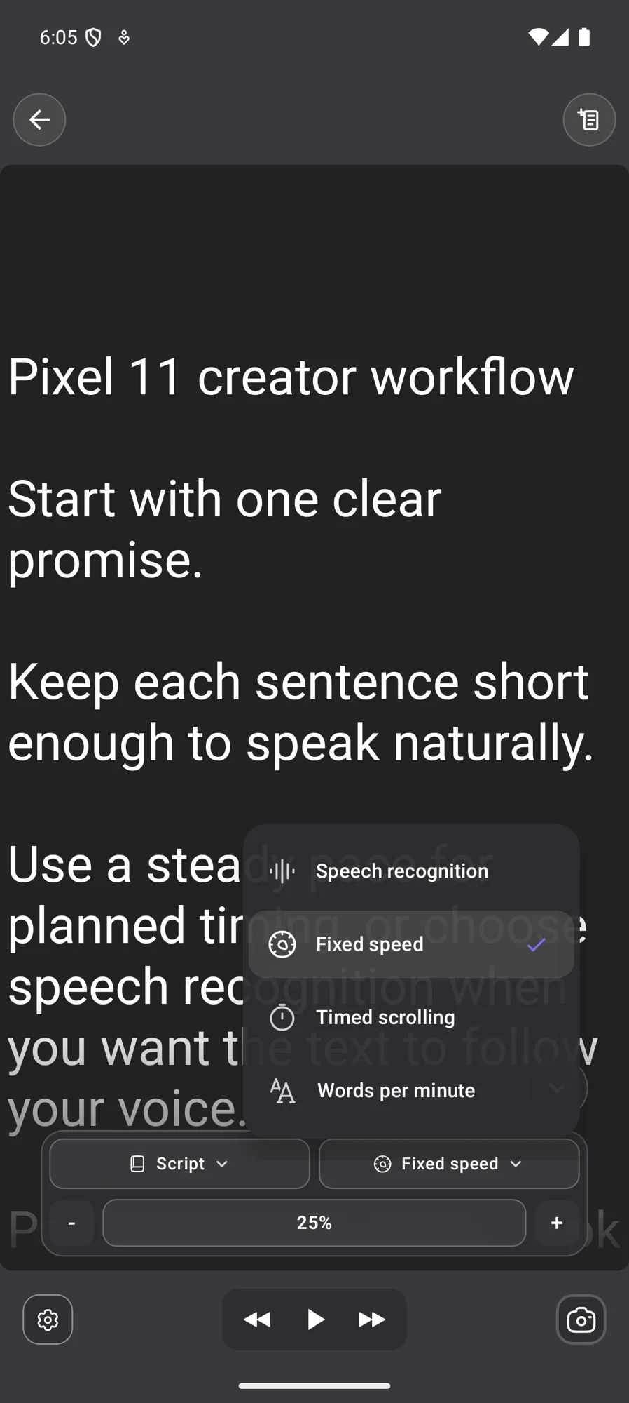 Teleprompter Automatic Android reader showing speech recognition, fixed speed, timed scrolling, and words-per-minute modes
