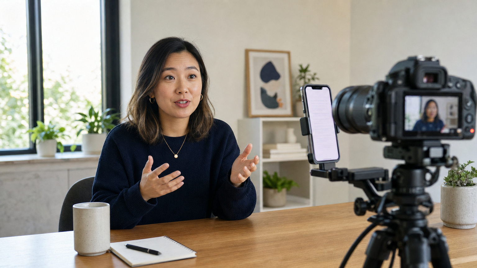 Product manager facing a camera, with a lit phone reading screen beside the lens and angled toward the speaker