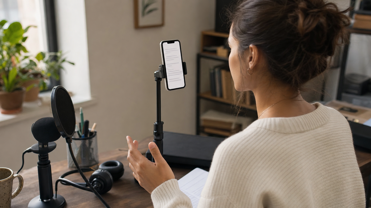Creator rehearsing beside a mounted phone with faint, unreadable script lines on its screen