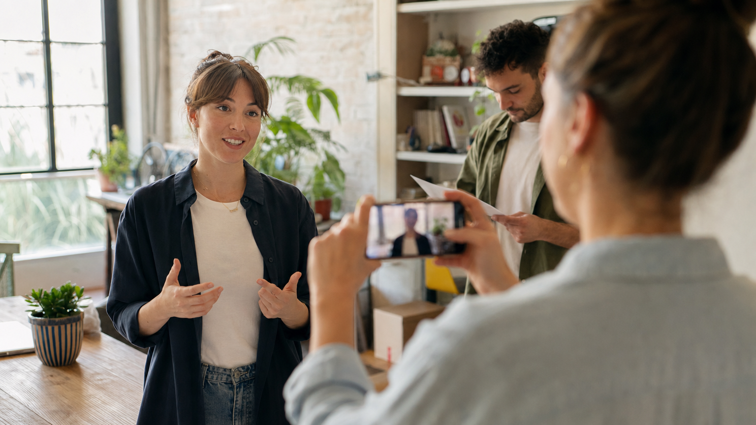 Team member speaking to a phone camera while recording a company introduction