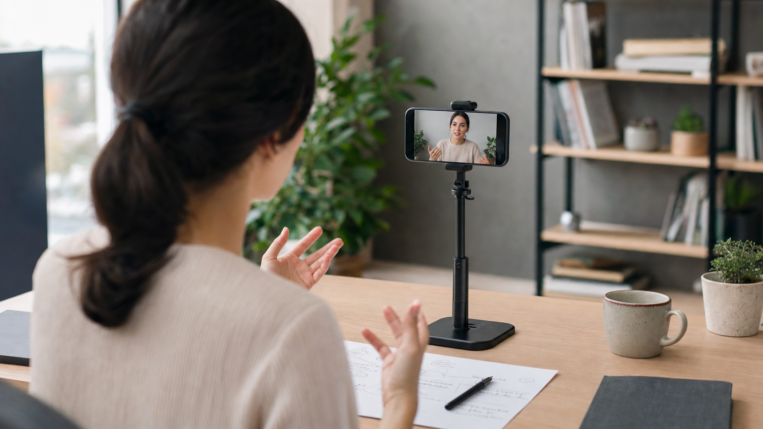 Creator recording a landing page video with a phone mounted near eye level