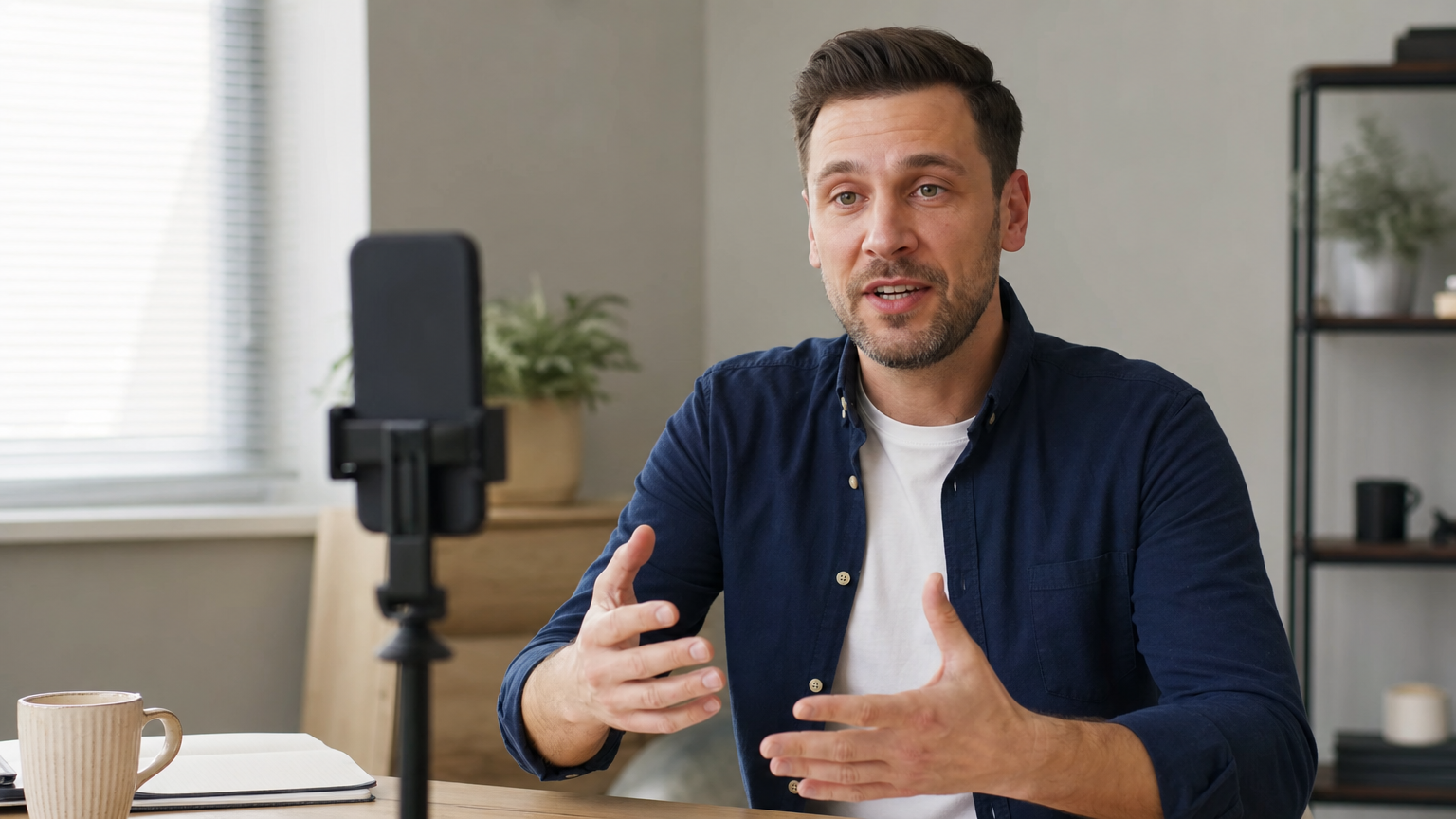 Speaker rehearsing in front of a phone positioned at approximately eye level