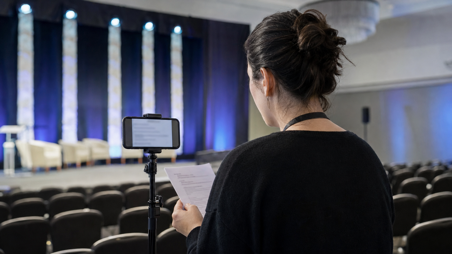 Event organizer rehearsing a conference speaker introduction beside a stage
